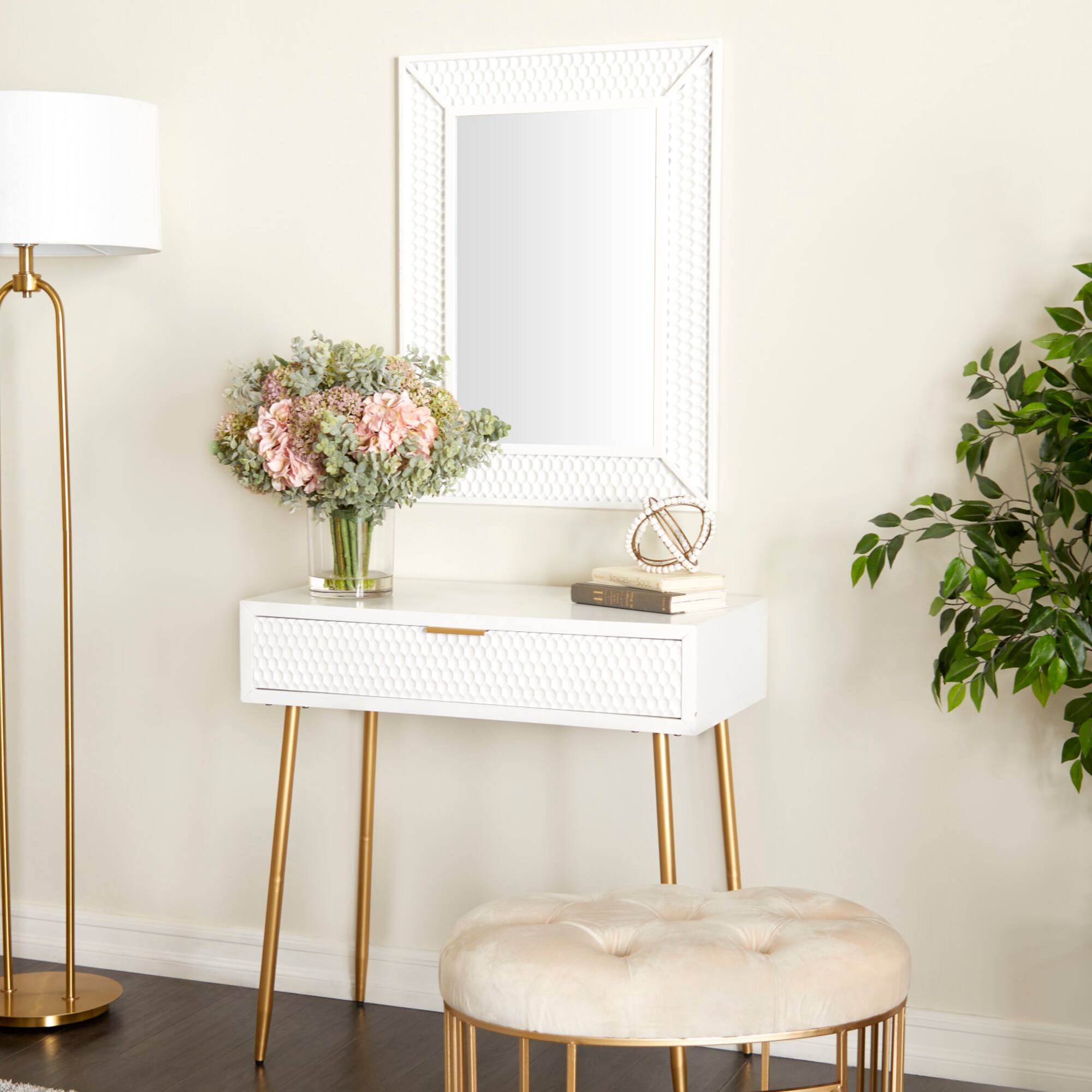 Set of 2" White Wood Contemporary Console Table with Mirror, 31" x 31" x 16"